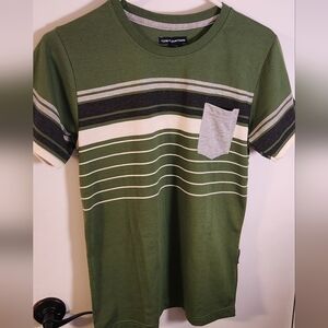 NWOT- Distortion Boys Olive Green, Cream, And Grey Striped Tee